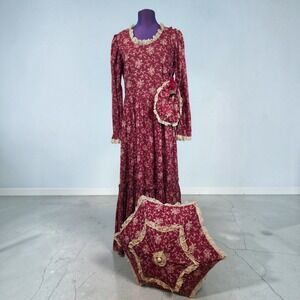 Vintage Prairie Maxi Dress Set Burgundy Floral Lace Parasol Bag 3pc Handmade